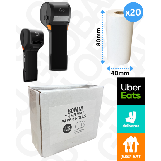 Thermal Till Rolls 80mm x 40mm (Box Of 20 Rolls) Just Eat/Uber Eats/Deliveroo Rolls 65 GSM, BPA FREE